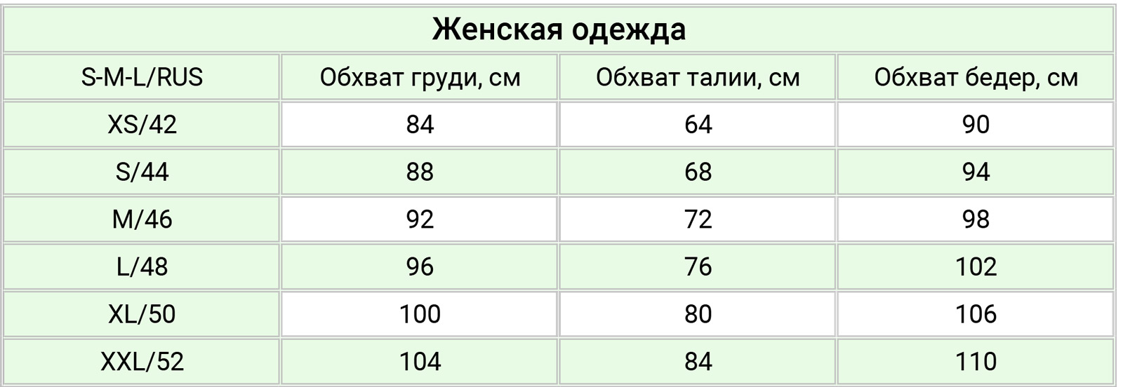 Nenka размерная сетка